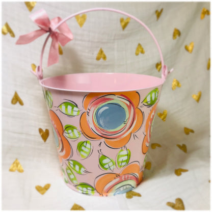 Pink Bucket with Orange Floral Theme, Personalized Easter Bucket, Painted Pail