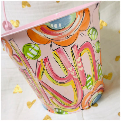 Pink Bucket with Orange Floral Theme, Personalized Easter Bucket, Painted Pail