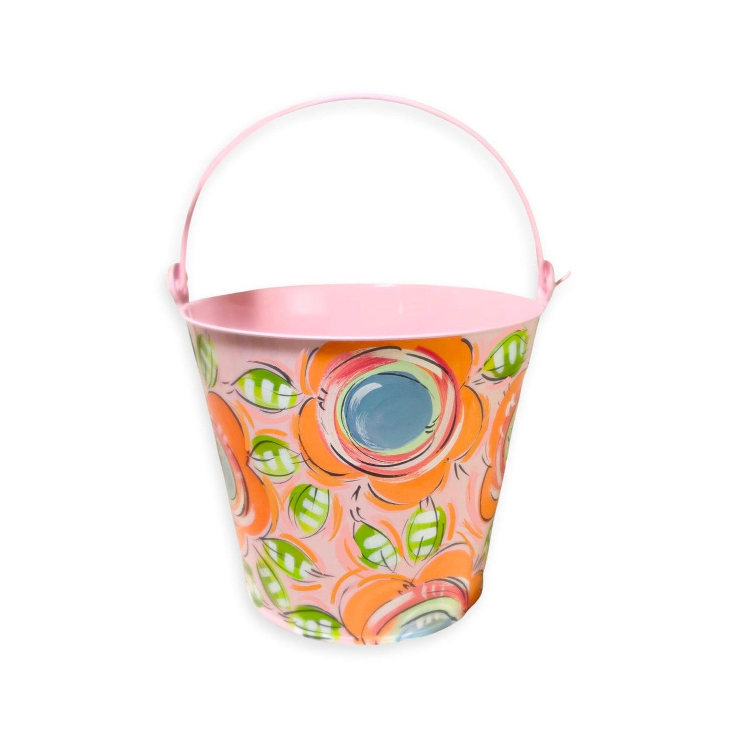 Pink Bucket with Orange Floral Theme, Personalized Easter Bucket, Painted Pail