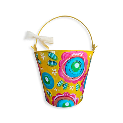 Personalized Yellow Bucket, Painted Floral Bucket