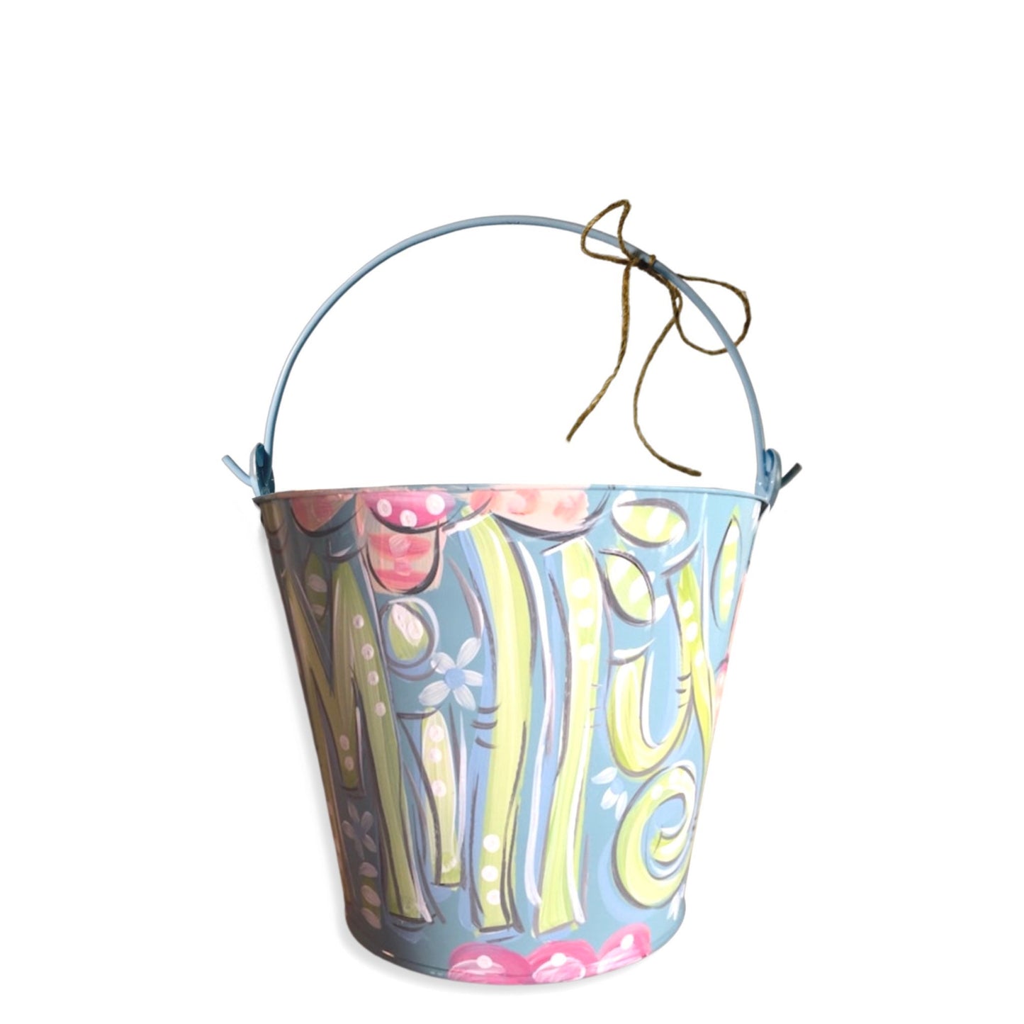 Blue Floral Bucket, Easter Floral Painted Pail, Pale Blue with Flowers