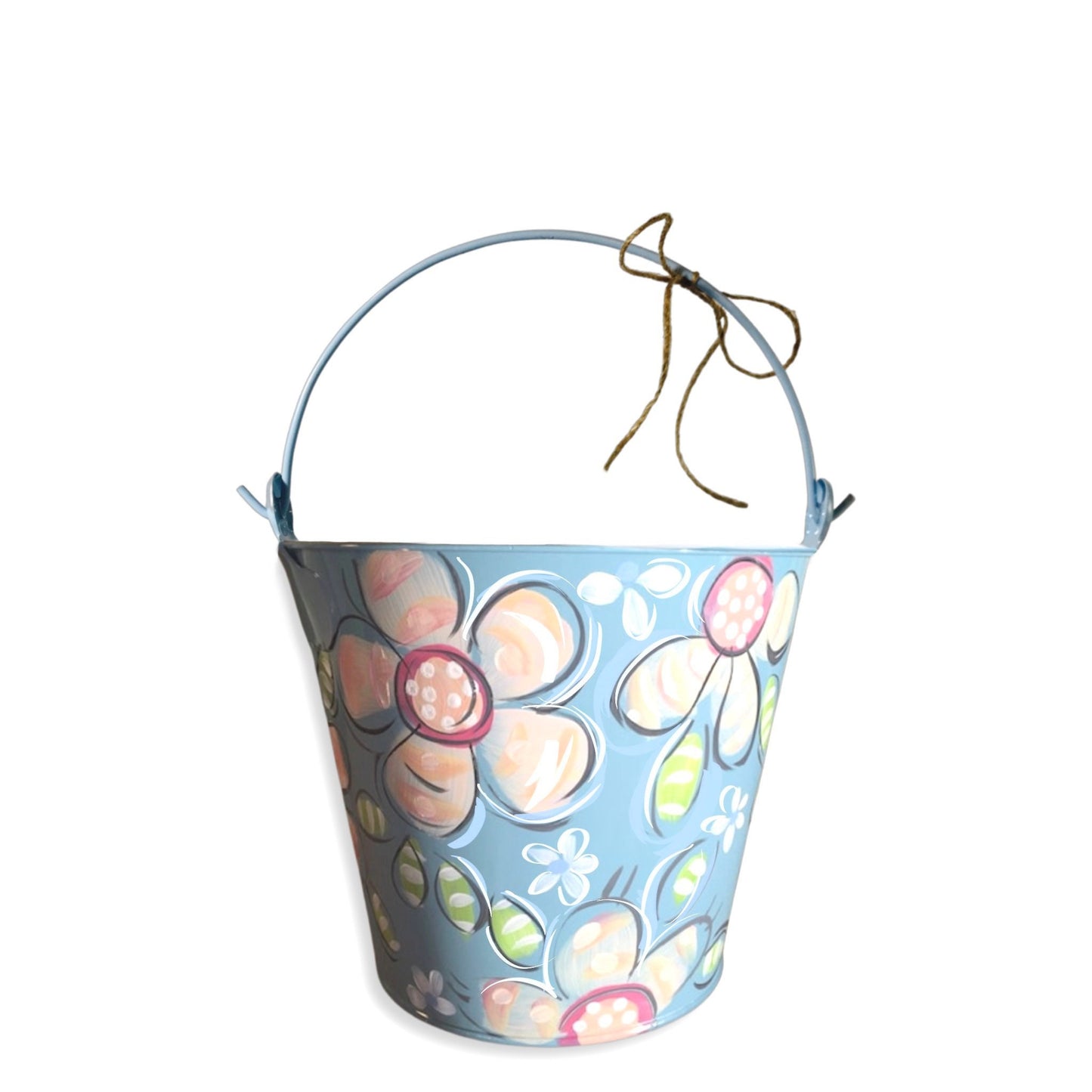 Blue Floral Bucket, Easter Floral Painted Pail, Pale Blue with Flowers