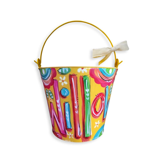 Personalized Yellow Bucket, Painted Floral Bucket