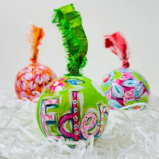 PAPER MACHE BAUBLE SET, GREEN FLORALS