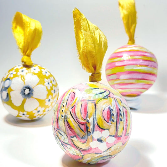 Sweet Pink & Yellow Floral Handpainted, Papier Mâché Baubles, Set of 3 Christmas Ornaments