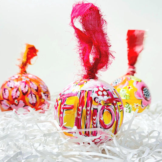 PAPER MACHE BAUBLE SET, YELLOW FLORAL