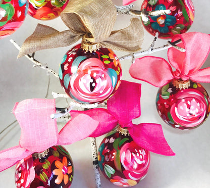 HOT PINK FLORAL GLASS ORNAMENT