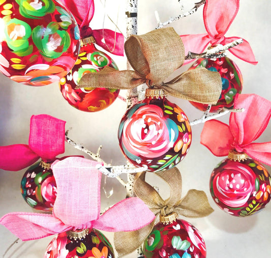 HOT PINK FLORAL GLASS ORNAMENT